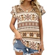 AILLOSA YH-254 V Yakalı Fırfırlı Baskılı Kısa Kollu Kadın T-shirt