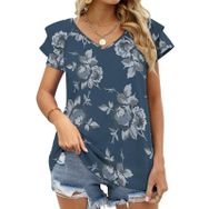 AILLOSA YH-255 V Yakalı Fırfırlı Baskılı Kısa Kollu Kadın T-shirt