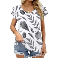 AILLOSA YH-256 V Yakalı Fırfırlı Baskılı Kısa Kollu Kadın T-shirt