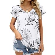 AILLOSA YH-257 V Yakalı Fırfırlı Baskılı Kısa Kollu Kadın T-shirt