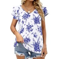 AILLOSA YH-258 V Yakalı Fırfırlı Baskılı Kısa Kollu Kadın T-shirt
