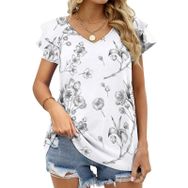 AILLOSA YH-259 V Yakalı Fırfırlı Baskılı Kısa Kollu Kadın T-shirt