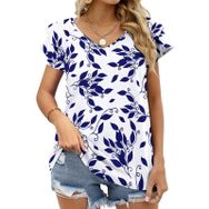 AILLOSA YH-26 V Yakalı Fırfırlı Baskılı Kısa Kollu Kadın T-shirt