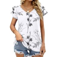 AILLOSA YH-260 V Yakalı Fırfırlı Baskılı Kısa Kollu Kadın T-shirt