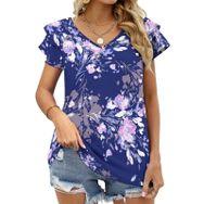 AILLOSA YH-261 V Yakalı Fırfırlı Baskılı Kısa Kollu Kadın T-shirt