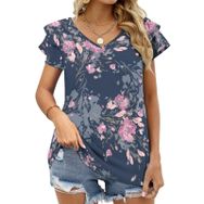 AILLOSA YH-262 V Yakalı Fırfırlı Baskılı Kısa Kollu Kadın T-shirt