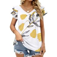 AILLOSA YH-266 V Yakalı Fırfırlı Baskılı Kısa Kollu Kadın T-shirt