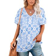 AILLOSA YH-267 Tamamı Baskılı V Yaka Kısa Kollu Kadın T-Shirt