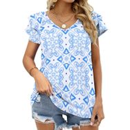 AILLOSA YH-267 V Yakalı Fırfırlı Baskılı Kısa Kollu Kadın T-shirt