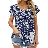 AILLOSA YH-27 V Yakalı Fırfırlı Baskılı Kısa Kollu Kadın T-shirt
