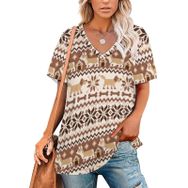 AILLOSA YH-270 Tamamı Baskılı V Yaka Kısa Kollu Kadın T-Shirt