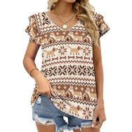 AILLOSA YH-270 V Yakalı Fırfırlı Baskılı Kısa Kollu Kadın T-shirt