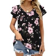 AILLOSA YH-272 V Yakalı Fırfırlı Baskılı Kısa Kollu Kadın T-shirt