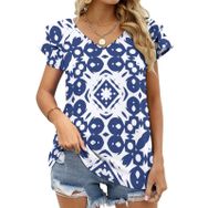 AILLOSA YH-277 V Yakalı Fırfırlı Baskılı Kısa Kollu Kadın T-shirt