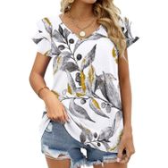 AILLOSA YH-278 V Yakalı Fırfırlı Baskılı Kısa Kollu Kadın T-shirt