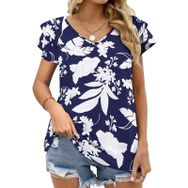 AILLOSA YH-28 V Yakalı Fırfırlı Baskılı Kısa Kollu Kadın T-shirt