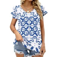 AILLOSA YH-280 V Yakalı Fırfırlı Baskılı Kısa Kollu Kadın T-shirt