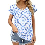 AILLOSA YH-281 V Yakalı Fırfırlı Baskılı Kısa Kollu Kadın T-shirt