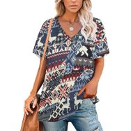 AILLOSA YH-282 Tamamı Baskılı V Yaka Kısa Kollu Kadın T-Shirt