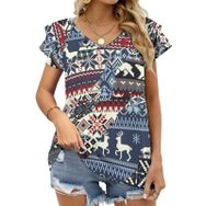 AILLOSA YH-282 V Yakalı Fırfırlı Baskılı Kısa Kollu Kadın T-shirt