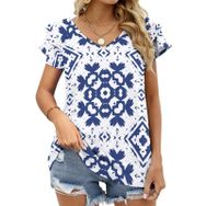 AILLOSA YH-283 V Yakalı Fırfırlı Baskılı Kısa Kollu Kadın T-shirt