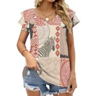 AILLOSA YH-284 V Yakalı Fırfırlı Baskılı Kısa Kollu Kadın T-shirt