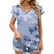 AILLOSA YH-285 V Yakalı Fırfırlı Baskılı Kısa Kollu Kadın T-shirt