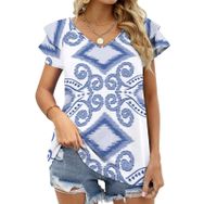 AILLOSA YH-286 V Yakalı Fırfırlı Baskılı Kısa Kollu Kadın T-shirt