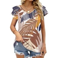 AILLOSA YH-287 V Yakalı Fırfırlı Baskılı Kısa Kollu Kadın T-shirt