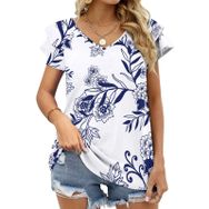 AILLOSA YH-288 V Yakalı Fırfırlı Baskılı Kısa Kollu Kadın T-shirt