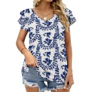 AILLOSA YH-289 V Yakalı Fırfırlı Baskılı Kısa Kollu Kadın T-shirt