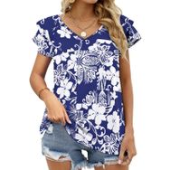 AILLOSA YH-29 V Yakalı Fırfırlı Baskılı Kısa Kollu Kadın T-shirt