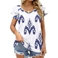 AILLOSA YH-291 V Yakalı Fırfırlı Baskılı Kısa Kollu Kadın T-shirt