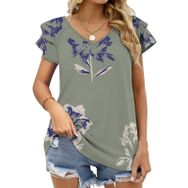 AILLOSA YH-293 V Yakalı Fırfırlı Baskılı Kısa Kollu Kadın T-shirt