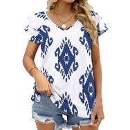 AILLOSA YH-294 V Yakalı Fırfırlı Baskılı Kısa Kollu Kadın T-shirt