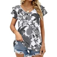 AILLOSA YH-295 V Yakalı Fırfırlı Baskılı Kısa Kollu Kadın T-shirt