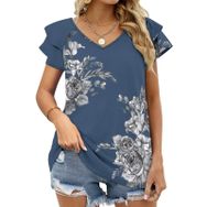 AILLOSA YH-296 V Yakalı Fırfırlı Baskılı Kısa Kollu Kadın T-shirt