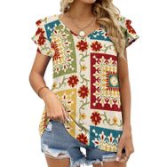 AILLOSA YH-297 V Yakalı Fırfırlı Baskılı Kısa Kollu Kadın T-shirt