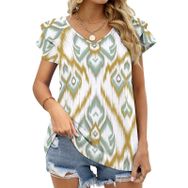 AILLOSA YH-298 V Yakalı Fırfırlı Baskılı Kısa Kollu Kadın T-shirt