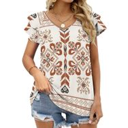 AILLOSA YH-299 V Yakalı Fırfırlı Baskılı Kısa Kollu Kadın T-shirt