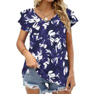 AILLOSA YH-30 V Yakalı Fırfırlı Baskılı Kısa Kollu Kadın T-shirt