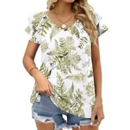 AILLOSA YH-300 V Yakalı Fırfırlı Baskılı Kısa Kollu Kadın T-shirt