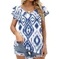 AILLOSA YH-301 V Yakalı Fırfırlı Baskılı Kısa Kollu Kadın T-shirt