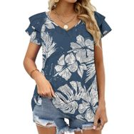 AILLOSA YH-302 V Yakalı Fırfırlı Baskılı Kısa Kollu Kadın T-shirt