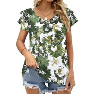 AILLOSA YH-303 V Yakalı Fırfırlı Baskılı Kısa Kollu Kadın T-shirt