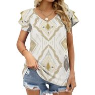AILLOSA YH-306 V Yakalı Fırfırlı Baskılı Kısa Kollu Kadın T-shirt