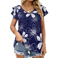 AILLOSA YH-308 V Yakalı Fırfırlı Baskılı Kısa Kollu Kadın T-shirt