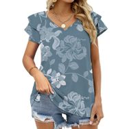AILLOSA YH-309 V Yakalı Fırfırlı Baskılı Kısa Kollu Kadın T-shirt