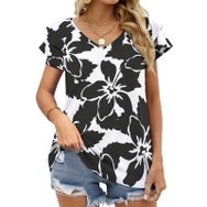 AILLOSA YH-310 V Yakalı Fırfırlı Baskılı Kısa Kollu Kadın T-shirt