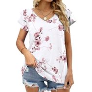 AILLOSA YH-312 V Yakalı Fırfırlı Baskılı Kısa Kollu Kadın T-shirt